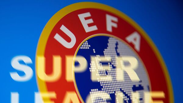 Super League words are seen in front of UEFA logo in this illustration taken April 19, 2021 - Sputnik International