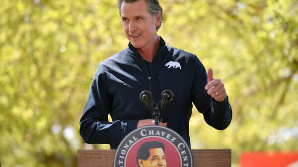California Governor Gavin Newsom speaks during a visit by U.S. First Lady Jill Biden, at The Forty Acres, the first headquarters of the United Farm Workers labor union, in Delano, California, U.S. March 31, 2021.  - Sputnik International