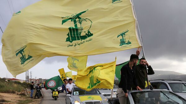 FILE PHOTO: A supporter of Lebanon's Hezbollah gestures as he holds a Hezbollah flag in Marjayoun, Lebanon May 7, 2018. - Sputnik International