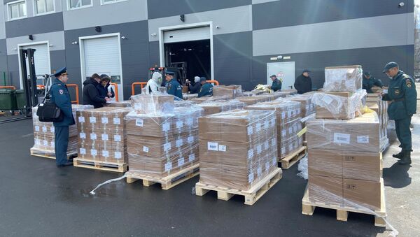 Packages of medical aid for India to help the country tackle the outbreak of the coronavirus disease (COVID-19) are pictured before being loaded onto a plane at Zhukovsky Airport in Moscow Region, Russia 28 April 2021. - Sputnik International