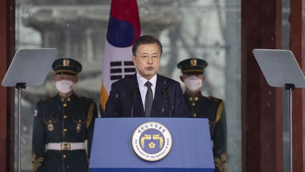 South Korean President Moon Jae-in speaks during a ceremony to mark the March First Independence Movement Day, the anniversary of the 1919 uprising against Japanese colonial rule in Seoul, South Korea, Monday, March 1, 2021. - Sputnik International
