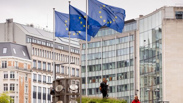 European Union flags flap in the wind as two gardeners work on the outside of EU headquarters in Brussels, Wednesday, Sept. 11, 2019.  - Sputnik International
