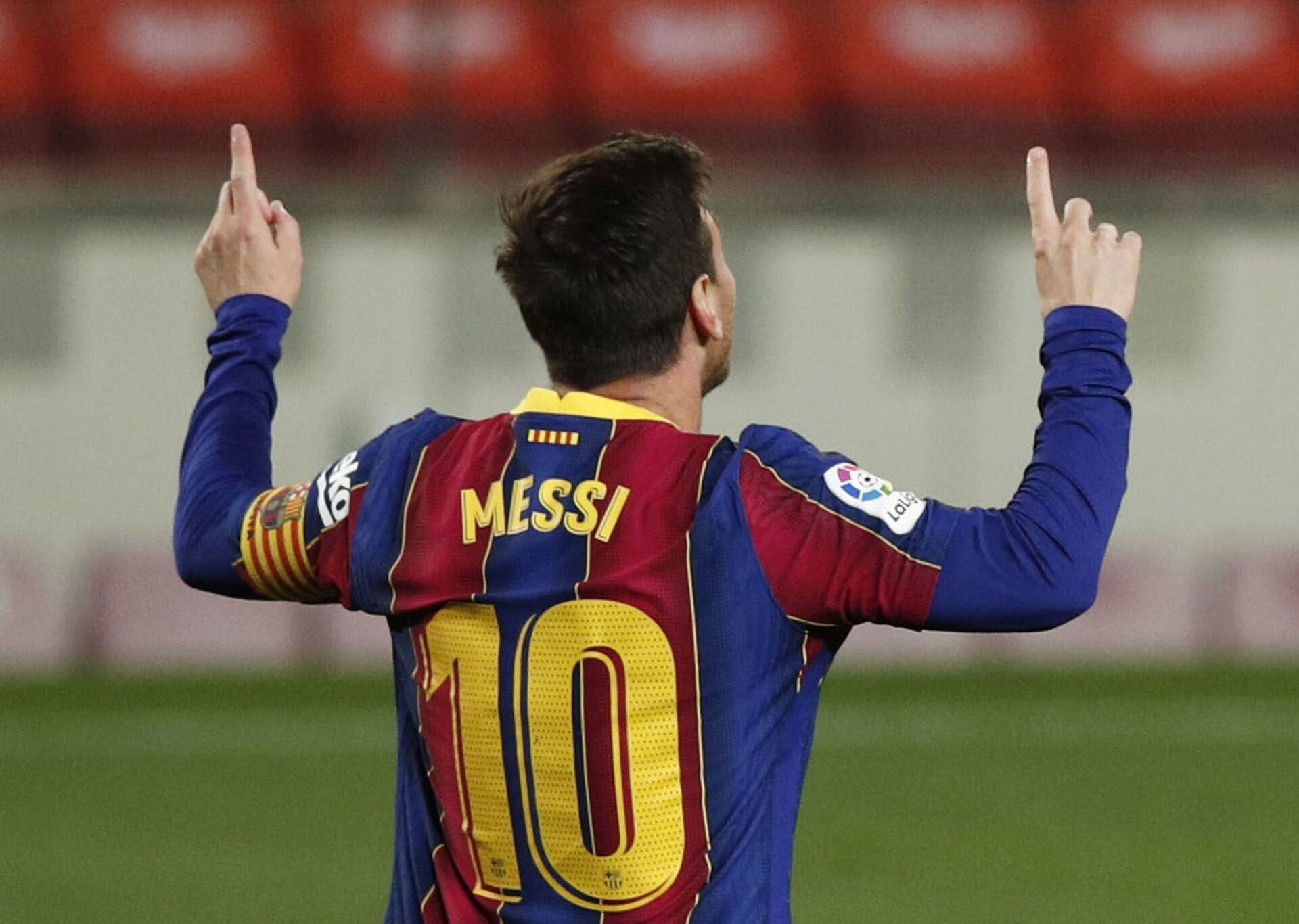 Barcelona's Lionel Messi celebrates scoring their third goal - Sputnik International, 1920, 07.09.2021