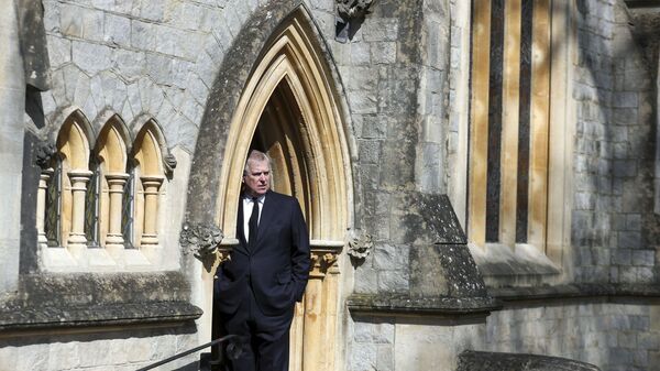 Britain's Prince Andrew, Duke of York, attends Sunday service at the Royal Chapel of All Saints, at Royal Lodge, in Windsor on April 11, 2021, two days after the death of his father Britain's Prince Philip, Duke of Edinburgh. - Queen Elizabeth II has described feeling a huge void in her life following the death of her husband Prince Philip, their son Prince Andrew said on April 11. Andrew, the couple's second son, said following family prayers at Windsor Castle that his mother was contemplating her husband's passing after his death on April 9 aged 99. - Sputnik International