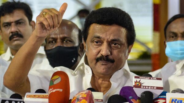 Chief Minister-elect of Tamil Nadu MK Stalin of Dravida Munnetra Kazhagam (DMK) party, gestures as he delivers a speech during a press conference after winning the Tamil Nadu State election, at the memorial of his father and late Chief Minister of Tamil Nadu, M. Karunanidhi, in Chennai, on May 2, 2021. - Sputnik International