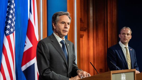 Britain's Foreign Secretary Dominic Raab and U.S. Secretary of State Antony Blinken hold a joint news conference at Downing Street following their bilateral meeting in London, Britain May 3, 2021 during the G7 foreign ministers meeting.  - Sputnik International