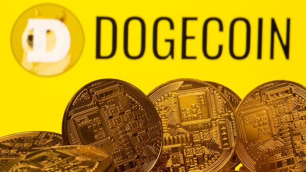 Cryptocurrency representations are seen in front of the Dogecoin logo in this illustration picture taken April 20, 2021 - Sputnik International