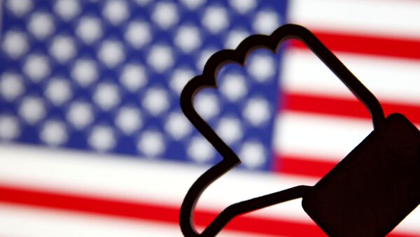 A 3D-printed Facebook Like symbol is displayed inverted in front of a U.S. flag in this illustration taken, March 18, 2018 - Sputnik International