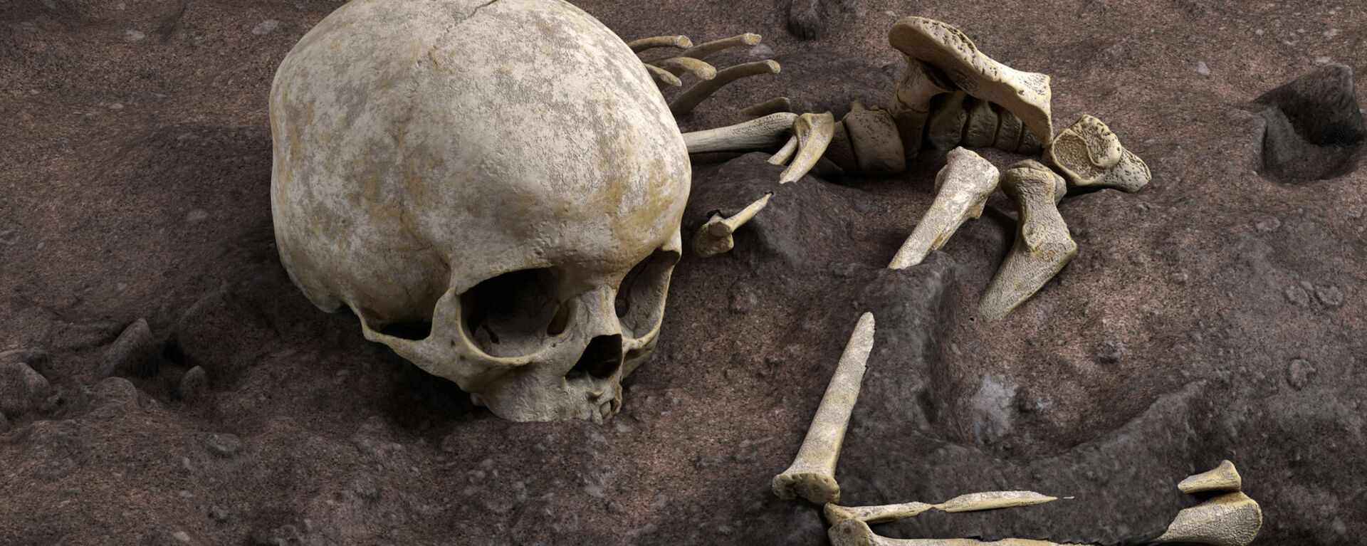 This handout computer-generated image released on May 4, 2021 by the CNRS-University of Bordeaux, shows the remains of a 3-year-old child named by the scientists Mtoto (meaning 'child' in Swahili) and buried inside a deliberately dug pit, were discovered by archaelogists. - The discovery of the oldest burial site in Africa, dated at 78,000 years old, has just been revealed in the journal Nature by an international team including several researchers from the CNRS - Sputnik International, 1920, 07.05.2021