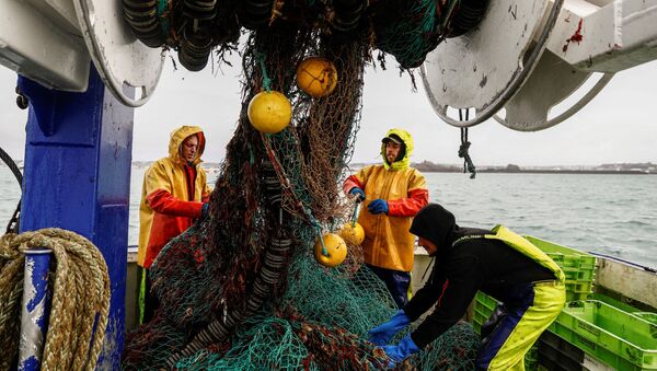 French fishermen gather in a net on their vessel near the port of Saint Helier off the British island of Jersey on 6 May 2021. - Sputnik International