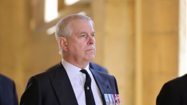 Britain's Britain's Prince Andrew, Duke of York, looks on during the funeral of Britain's Prince Philip, husband of Queen Elizabeth, who died at the age of 99, in Windsor, Britain, April 17, 2021 - Sputnik International