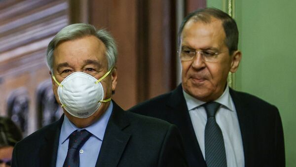 Russian Foreign Minister Sergei Lavrov and U.N. Secretary-General Antonio Guterres attend a news conference following their talks in Moscow, Russia May 12, 2021.  - Sputnik International