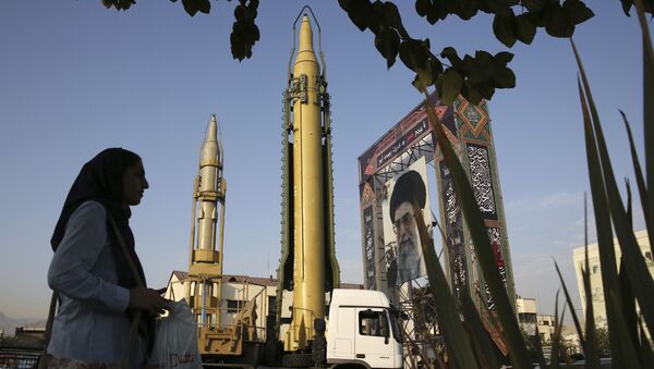 In this Sept. 24, 2017 file photo, surface-to-surface missiles and a portrait of the Iranian Supreme Leader Ayatollah Ali Khamenei are displayed by the Revolutionary Guard in an exhibition marking the anniversary of outset of the 1980s Iran-Iraq war, at Baharestan Square in Tehran, Iran. - Sputnik International