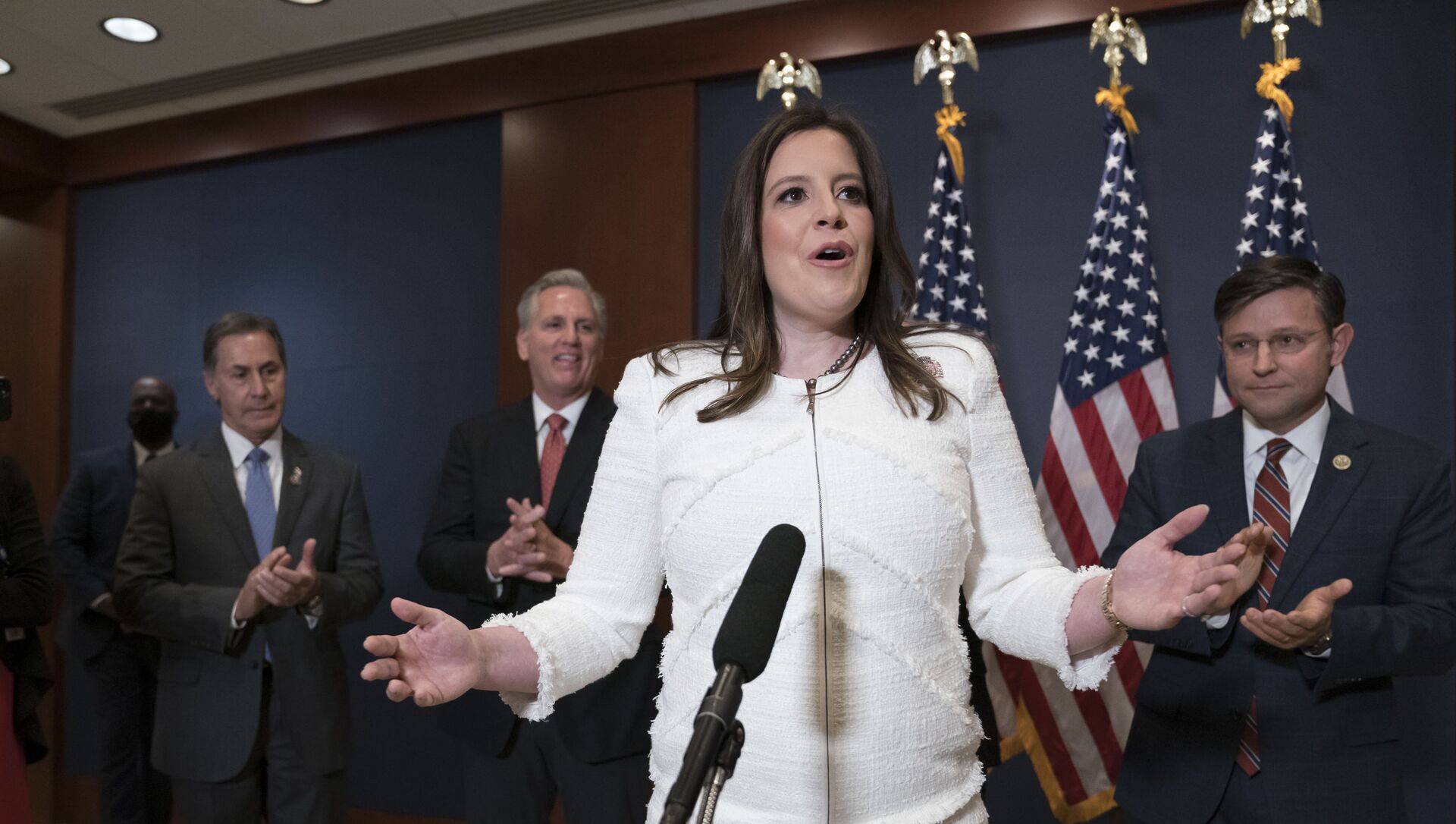 Rep. Elise Stefanik, R-N.Y., speaks to reporters at the Capitol in Washington, Friday, May 14, 2021, just after she was elected chair of the House Republican Conference - Sputnik International, 1920, 14.05.2021