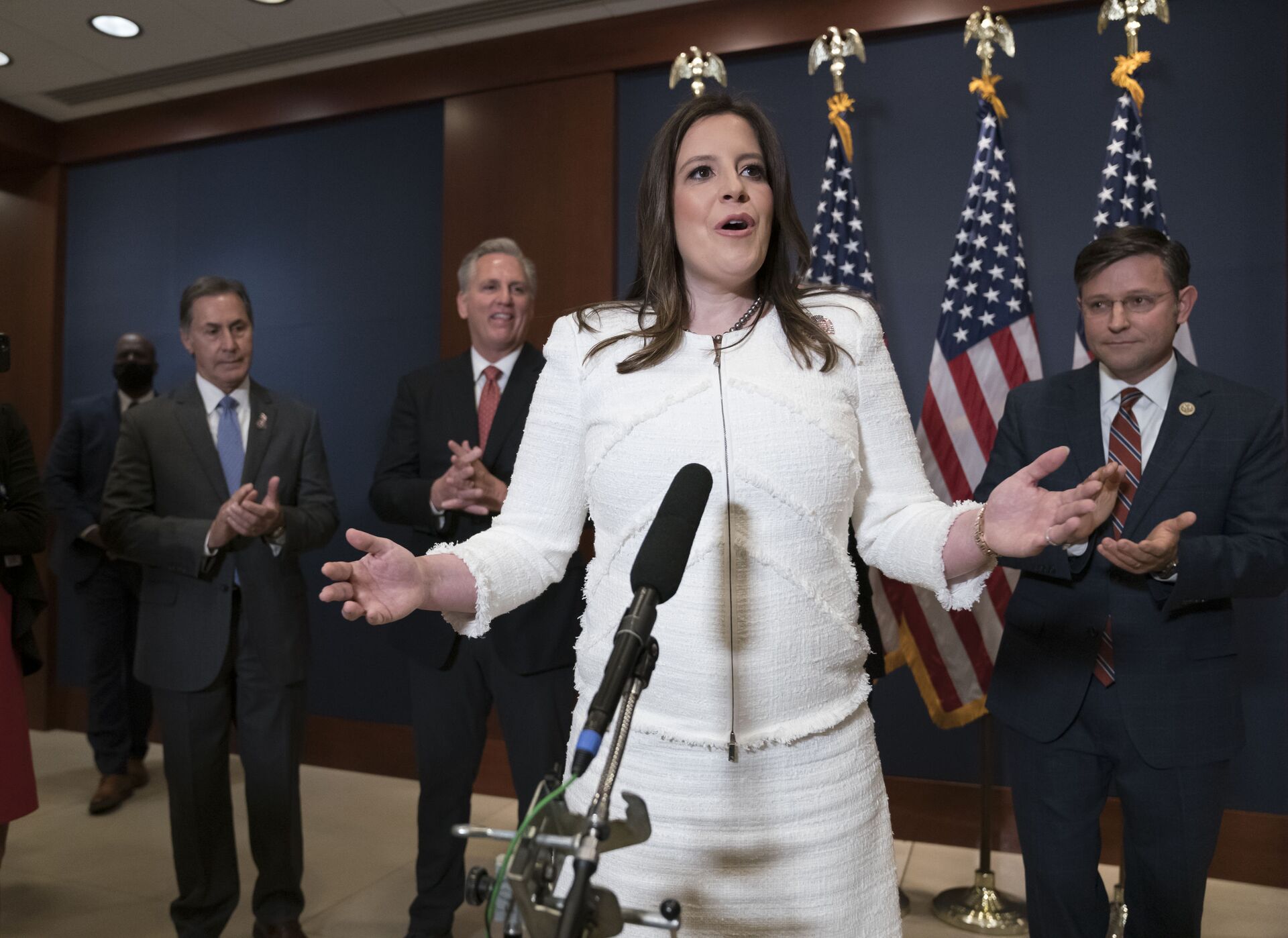 Rep. Elise Stefanik, R-N.Y., speaks to reporters at the Capitol in Washington, Friday, May 14, 2021, just after she was elected chair of the House Republican Conference - Sputnik International, 1920, 18.01.2024