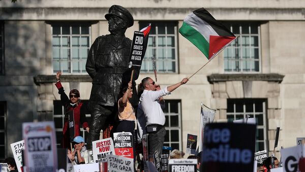 Pro-Palestine demonstrators hold placards and wave flags during a protest opposite the entrance to Downing Street in central London on 15 May 2018. - Sputnik International