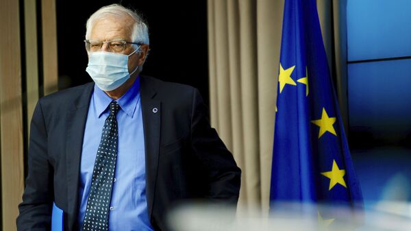 European Union foreign policy chief Josep Borrell arrives for a media conference after a meeting of EU foreign ministers at the European Council building in Brussels, Monday, May 10, 2021. - Sputnik International