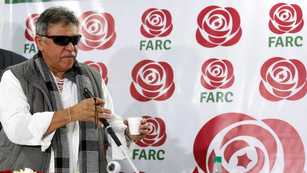 Jesus Santrich, a leader of Colombia's former Marxist FARC rebels, gestures during a news conference in Bogota, Colombia November 16, 2017 - Sputnik International