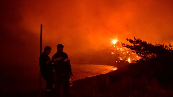 Firefighters look at a wildfire burning next to the beach of the village of Schinos, near Corinth, Greece, May 19, 2021. Picture taken May 19, 2021 - Sputnik International