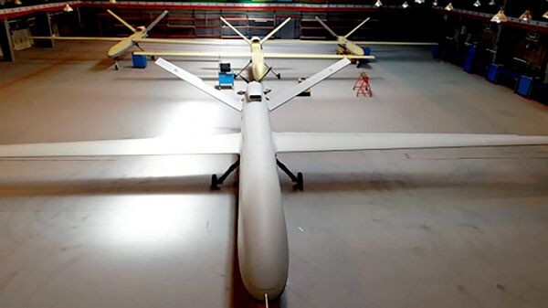 In this photo released on Saturday, May 21, 2021, by Sepahnews, the website of the Iranian Revolutionary Guard, a new Gaza drone is displayed in an undisclosed location in Iran. (Sepahnews via AP) - Sputnik International