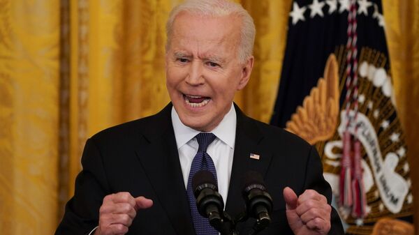 U.S. President Joe Biden gestures as he speaks before signing the COVID-19 Hate Crimes Act into law, in the East Room at the White House in Washington, U.S., May 20, 2021. - Sputnik International