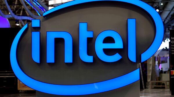 Intel's logo is pictured during preparations at the CeBit computer fair, which will open its doors to the public on March 20, at the fairground in Hanover, Germany, March 19, 2017 - Sputnik International
