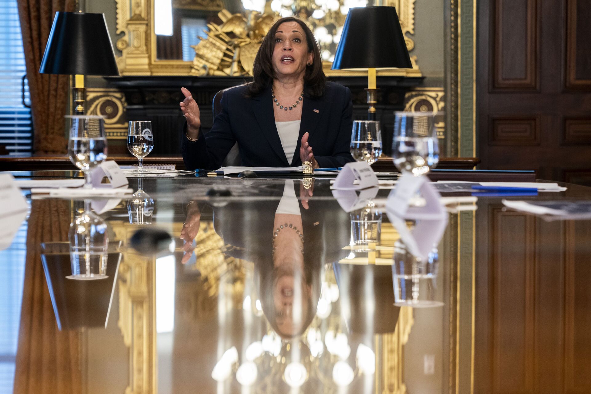 Vice President Kamala Harris is reflected in a table as she speaks during the inaugural meeting of the Task Force on Worker Organizing and Empowerment, in Harris' ceremonial office, Thursday, May 13, 2021, on the White House complex in Washington - Sputnik International, 1920, 07.09.2021