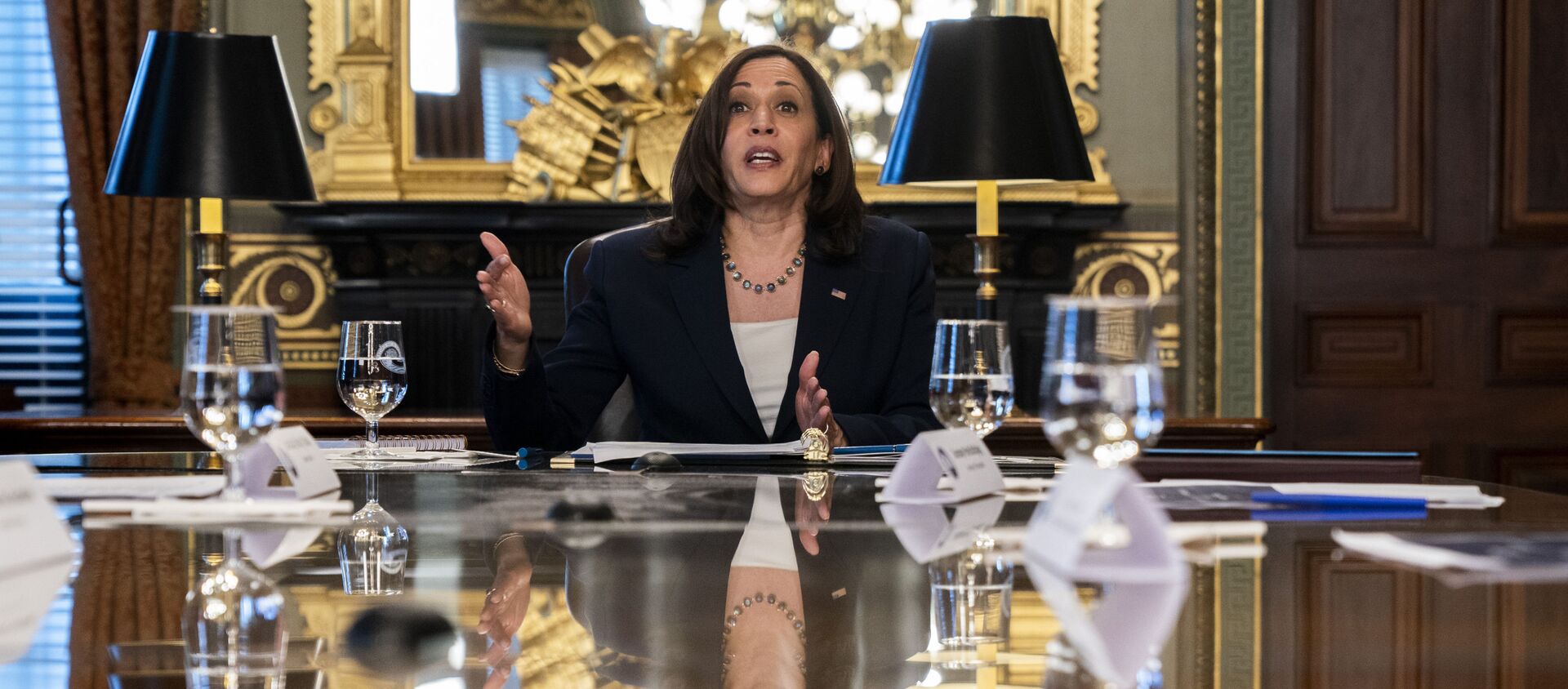 Vice President Kamala Harris is reflected in a table as she speaks during the inaugural meeting of the Task Force on Worker Organizing and Empowerment, in Harris' ceremonial office, Thursday, May 13, 2021, on the White House complex in Washington - Sputnik International, 1920, 02.06.2021