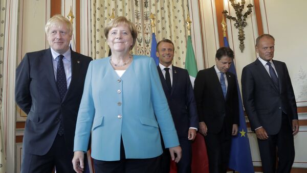 From the left, Britain's Prime Minister Boris Johnson, German Chancellor Angela Merkel, French President Emmanuel Macron, Italian Premier Giuseppe Conte and President of the European Council Donald Tusk pose during a G7 coordination meeting with the Group of Seven European members at the Hotel du Palais in Biarritz, southwestern France, Saturday, Aug.24, 2019.  - Sputnik International