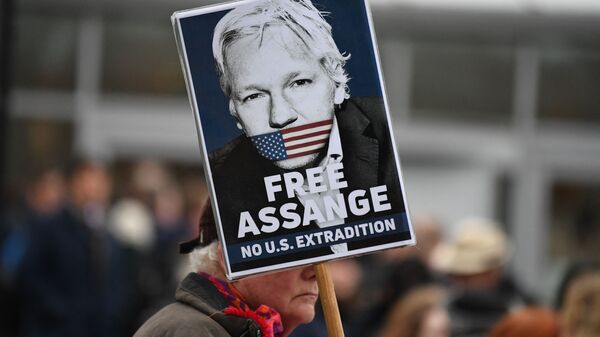 A supporter of WikiLeaks founder Julian Assange holds a placard calling for his freedom outside Woolwich Crown Court and HMP Belmarsh prison in southeast London on February 24, 2020, ahead of the opening of the trial to hear a US request for Assange's extradition - Sputnik International