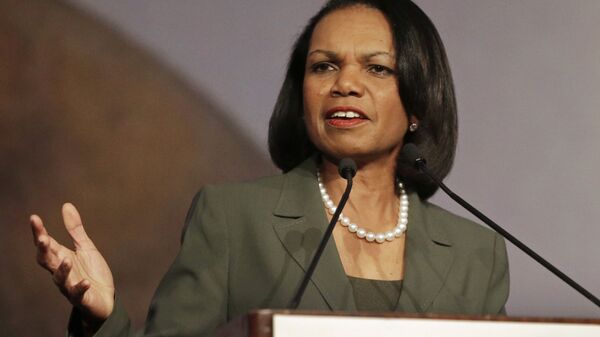 In this March 15, 2014 file photo, former Secretary of State Condoleezza Rice gestures while speaking at the California Republican Party 2014 Spring Convention in Burlingame, Calif - Sputnik International