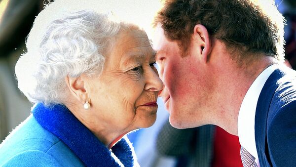 Britain's Queen Elizabeth  greets her grandson Prince Harry at the Royal Horticultural Society Chelsea Flower Show 2015 in London, 18 May 2015 - Sputnik International