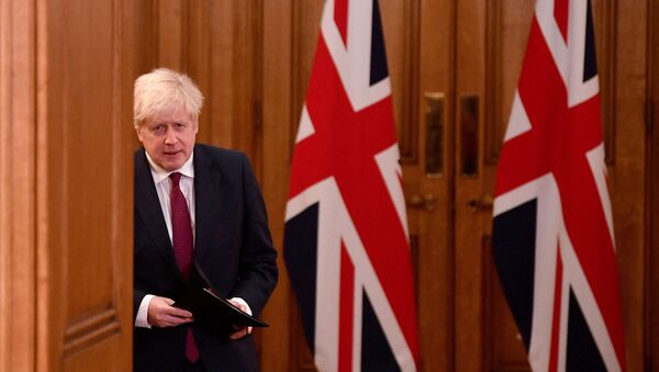 Britain's Prime Minister Boris Johnson walks past union flags as he arrives to attend a virtual press conference inside 10 Downing Street in central London on December 19, 2020. - Sputnik International