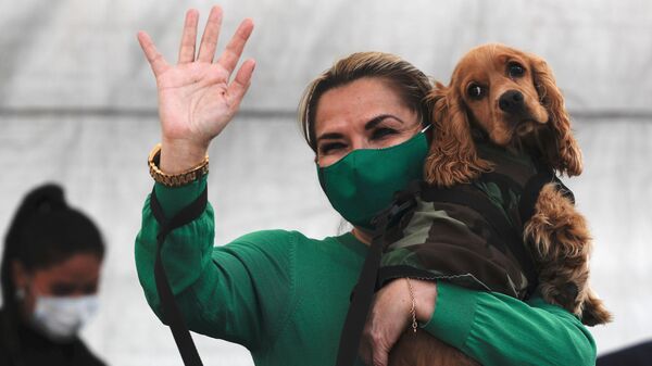 Bolivia's interim President Jeanine Anez, wearing a mask amid the new coronavirus pandemic, carries her dog as she greets people during an announcement to create a shelter for abandoned animals in La Paz, Bolivia, Sunday, Sept. 20, 2020. - Sputnik International