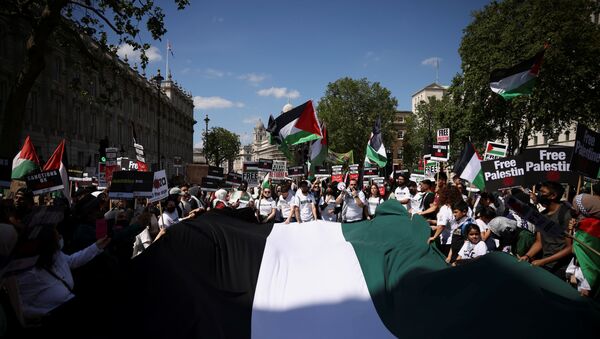Pro-Palestine protesters hold a giant Palestinian flag as they demonstrate outside Downing Street in London, Britain, June 12, 2021. - Sputnik International
