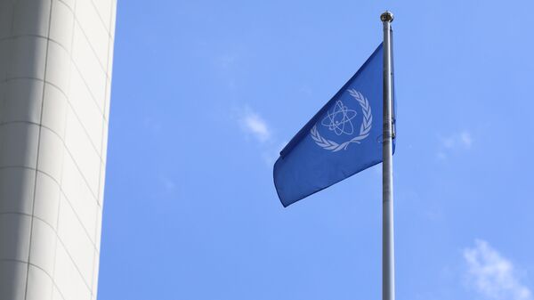 The flag of the International Atomic Energy Agency, IAEA waves at the entrance of the Vienna International Center in Vienna, Austria, Monday, June 7, 2021. - Sputnik International
