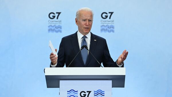 US President Joe Biden takes part in a press conference on the final day of the G7 summit at Cornwall Airport Newquay, near Newquay, Cornwall on June 13, 2021.  - Sputnik International