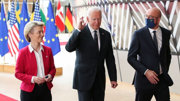 European Council President Charles Michel and European Commission President Ursula von der Leyen take part in the EU-US summit with U.S. President Joe Biden, in Brussels, Belgium June 15, 2021. - Sputnik International