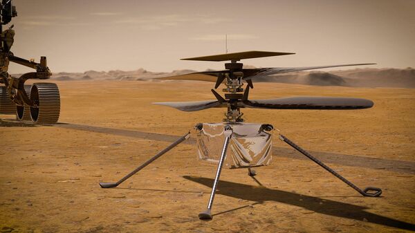 This NASA photo obtained on March 23, 2021 shows an illustration of NASA's Ingenuity Mars helicopter standing on the Red Planet's surface as NASA's Perseverance rover (partially visible on the left) rolls away - Sputnik International