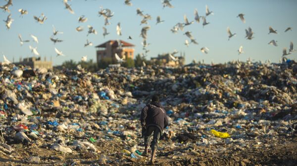 A Palestinian man runs as he collects plastic and other usable items at a garbage dump in Beit Lahia, in the northern Gaza strip, on February 19, 2017. (Photo by MAHMUD HAMS / AFP) - Sputnik International