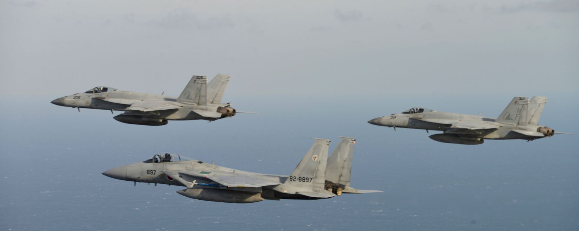 In this Nov. 10, 2017 photo provided by Japan Air Self-Defense Force, two of U.S. F/A-18, left, and right, and Japan Air Self-Defense Force's F-15 fly during a joint military exercise at an undisclosed location.  (Japan Air Self-Defense Force via AP) - Sputnik International, 1920, 20.06.2021