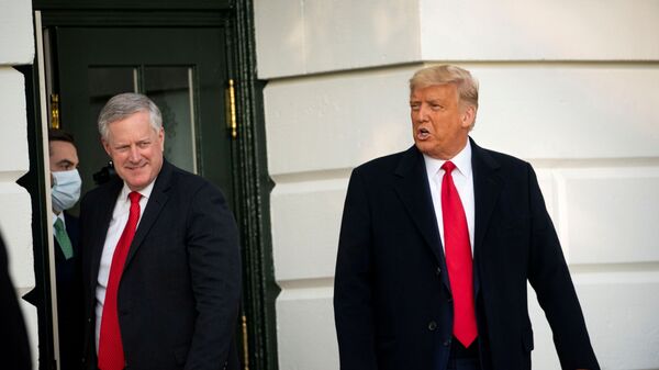 U.S. President Donald Trump departs with White House Chief of Staff Mark Meadows from the White House to travel to North Carolina for an election rally, in Washington, U.S., October 21, 2020. - Sputnik International