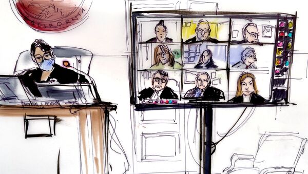This courtroom sketch shows Judge Brenda J. Penny presiding over participants, virtually appearing on a screen, during the hearing of Britney Spears' guardianship case in the Los Angeles County Courthouse on June 23, 2021.  - Sputnik International