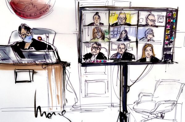This courtroom sketch shows Judge Brenda J. Penny presiding over participants, virtually appearing on a screen, during the hearing of Britney Spears' guardianship case in the Los Angeles County Courthouse.  - Sputnik International