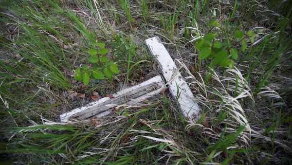 A decaying white cross lies in a small cemetery for children who died at Brandon Indian Residential School near one of three sites where researchers, partnered with the Sioux Valley Dakota Nation, located 104 potential graves in Brandon, Manitoba, Canada June 12, 2021.  - Sputnik International