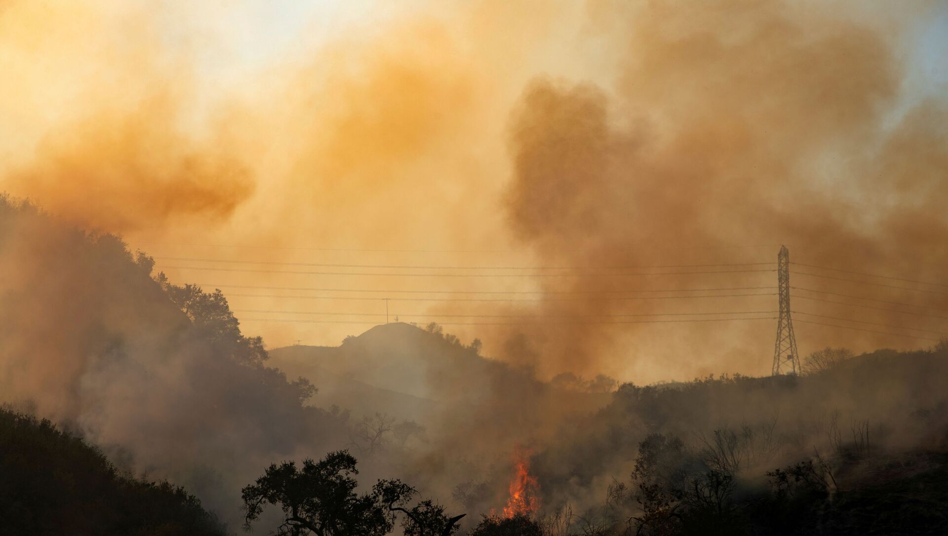 The Bond Fire wildfire continues to burn next to electrical power lines near Modjeska Canyon, California, U.S., December 3, 2020.   - Sputnik International, 1920, 30.06.2021