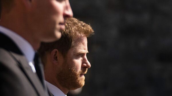 Prince William, the Duke of Cambridge and Prince Harry walk in the procession, ahead of Britain Prince Philip's funeral at Windsor Castle, Windsor, England, Saturday April 17, 2021 - Sputnik International