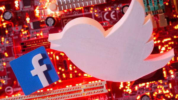 3D printed Facebook and Twitter logos are placed on a computer motherboard in this illustration taken Jan. 21, 2021 - Sputnik International