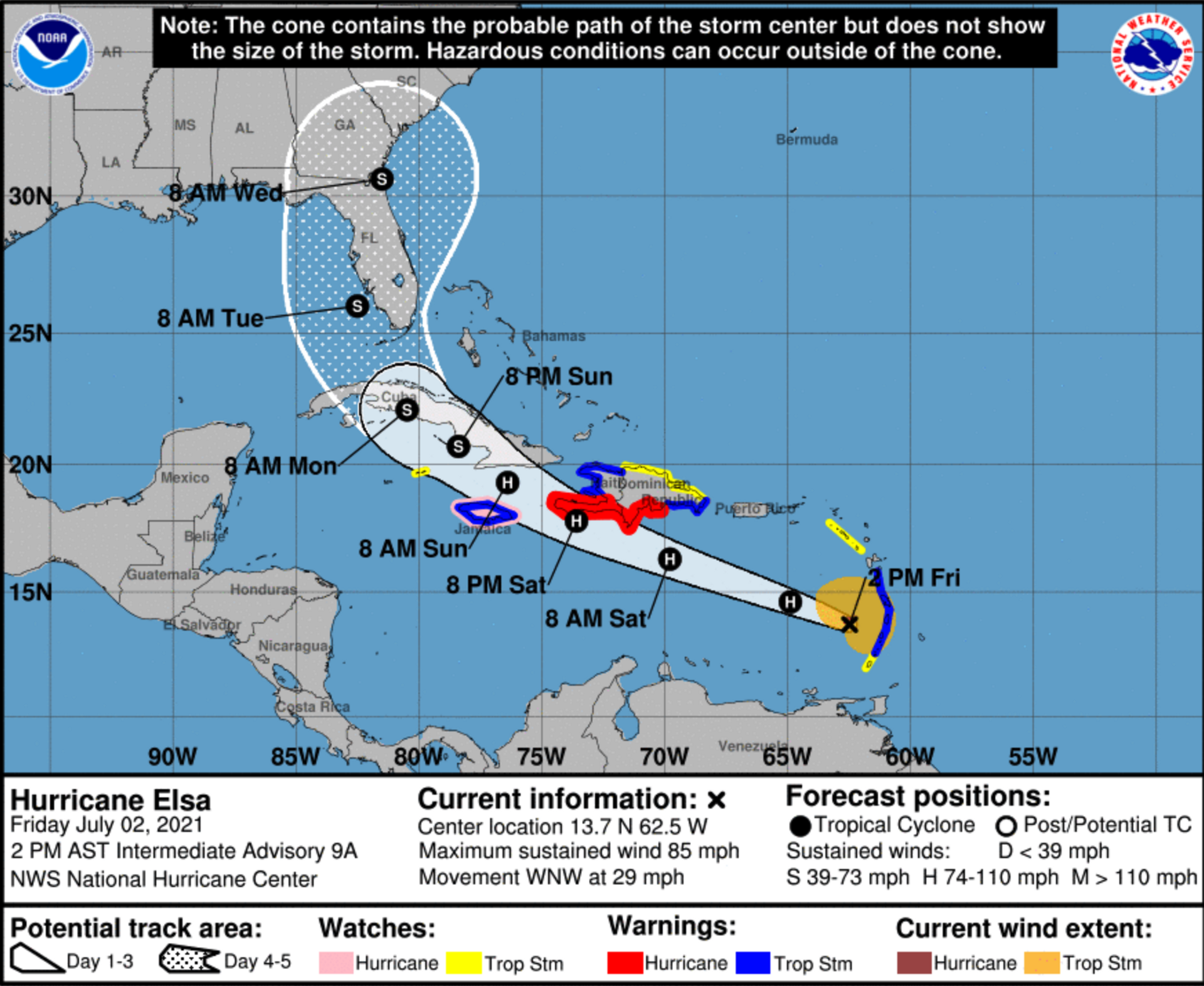 Graphic provided by the US National Oceanic and Atmospheric Administration offers a forecast on Hurricane Elsa's current and future movements, as the cyclone makes its way through the Caribbean. - Sputnik International, 1920, 07.09.2021