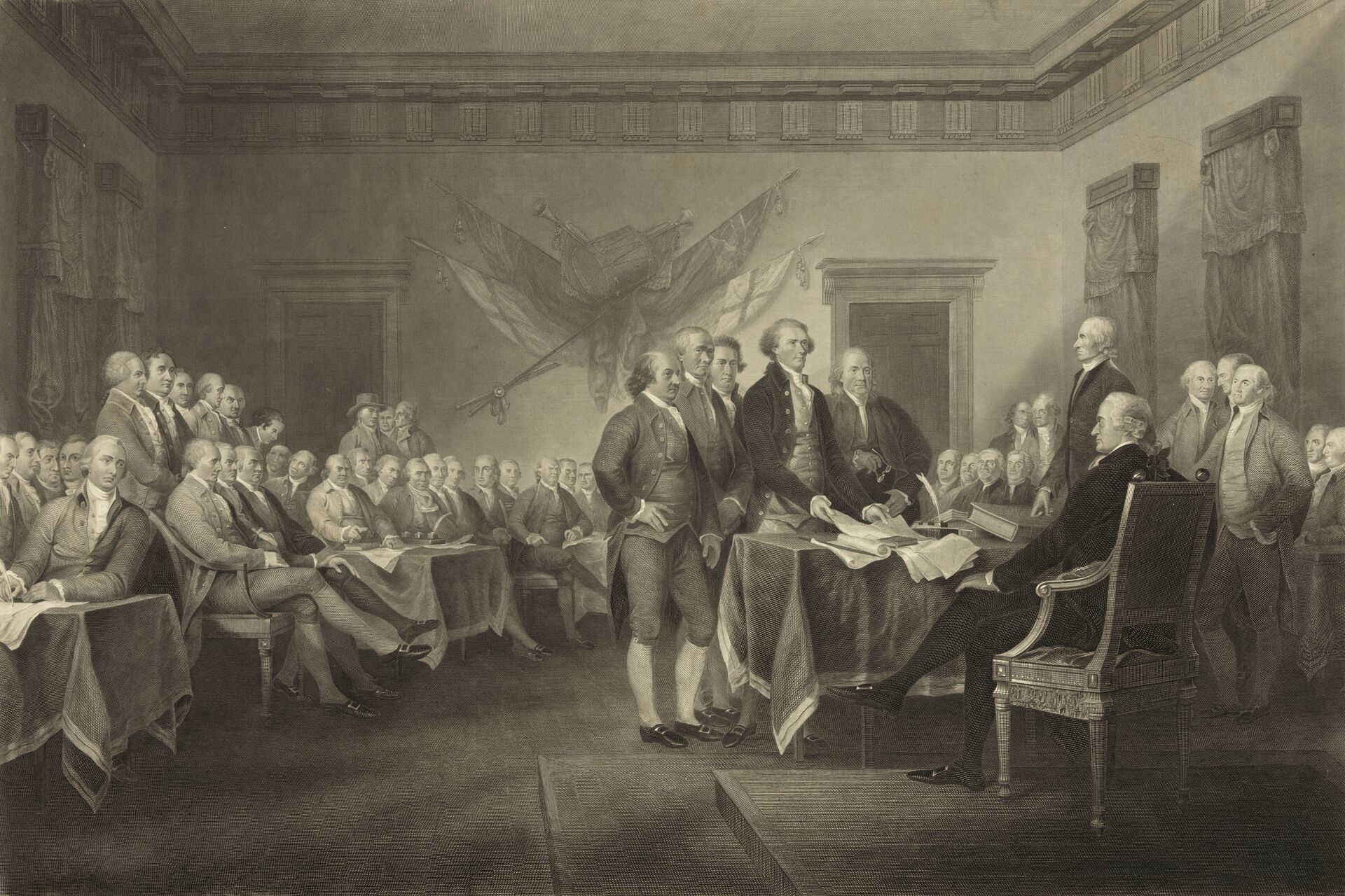 This image shows an 1876 engraving titled Declaration of Independence, July 4th, 1776 made available by the Library of Congress. On that day, the Continental Congress formally endorsed the Declaration of Independence. - Sputnik International, 1920, 07.09.2021